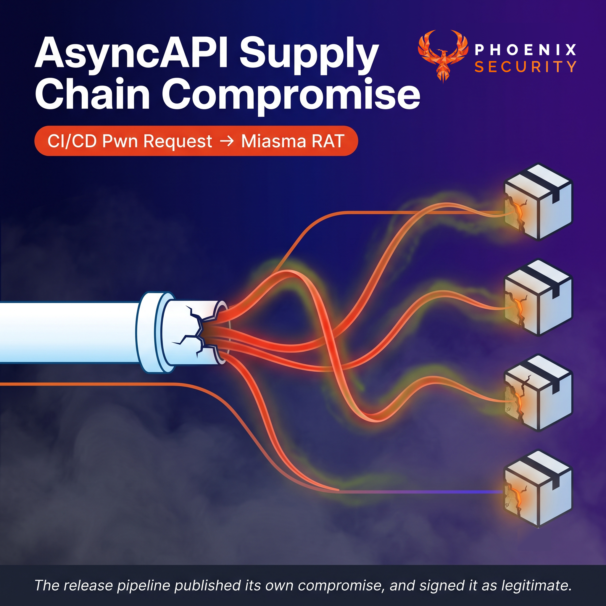 AsyncAPI Miasma RAT compromise cover art: toxic intrusion spreading through a compromised CI/CD pipeline