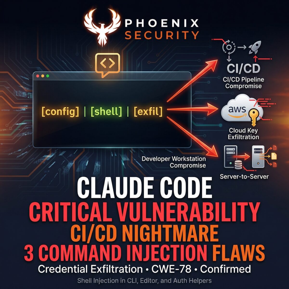 Phoenix Security infographic: Claude Code Critical Vulnerability — CI/CD Nightmare, 3 Command Injection Flaws. Dark navy and orange background with circuit-board pattern. Center: terminal window showing attack chain [config] | [shell] | [exfil] with three red arrows pointing to attack targets — CI/CD Pipeline Compromise (top right), Cloud Key Exfiltration via AWS (middle right), and Developer Workstation Compromise leading to Server-to-Server lateral movement (bottom right). Phoenix Security logo at top. Bottom text: "CLAUDE CODE / CRITICAL VULNERABILITY / CI/CD NIGHTMARE / 3 COMMAND INJECTION FLAWS / Credential Exfiltration · CWE-78 · Confirmed / Shell Injection in CLI, Editor, and Auth Helpers."