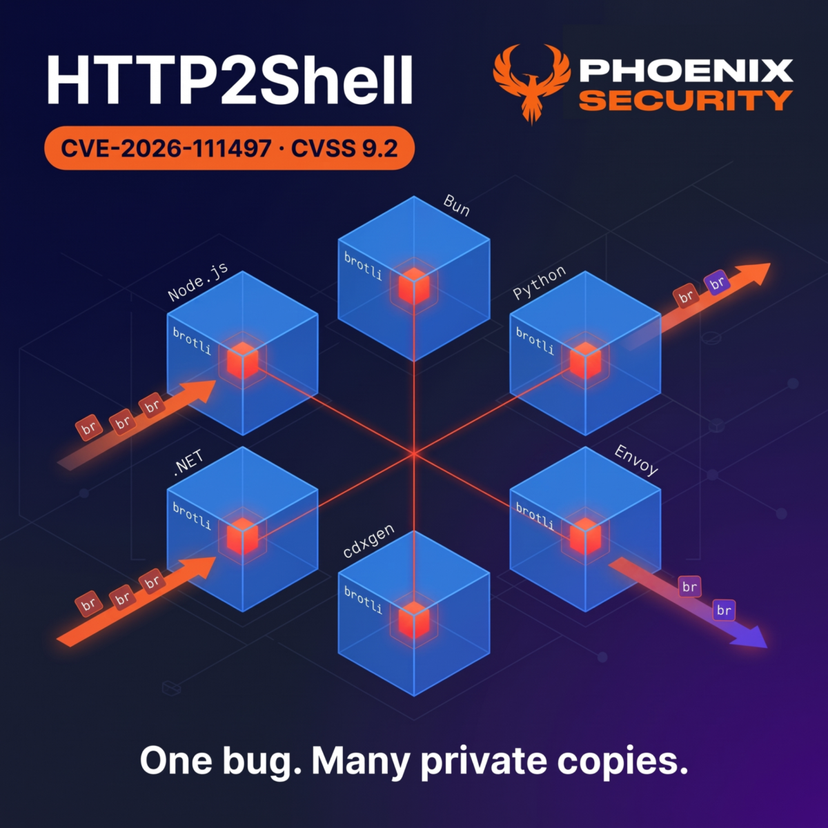 HTTP2Shell, CVE-2026-111497: the same vulnerable Brotli decoder hidden inside Node.js, Bun, Python, Envoy, .NET and cdxgen, with malicious Brotli data entering from both sides.