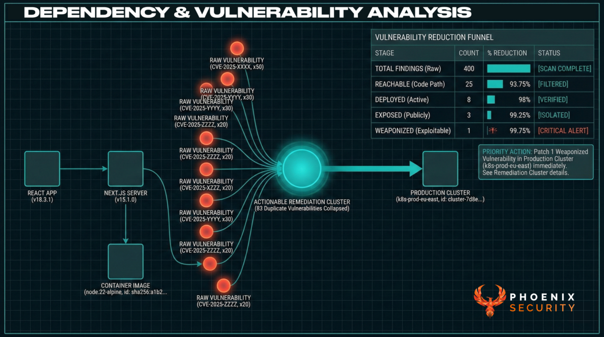 Engineering dashboard showing supply chain vulnerability deduplication from hundreds of findings to a single prioritized exposure
