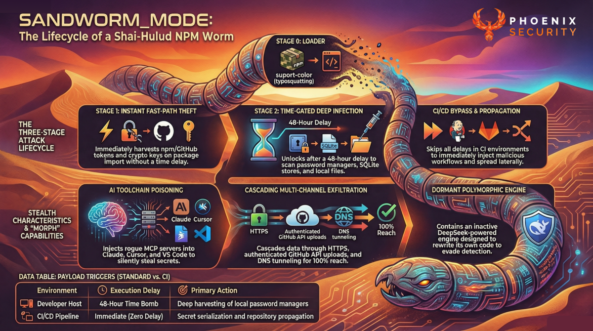 Infographic illustrating SANDWORM_MODE lifecycle including Stage 0 loader, credential harvesting, time-gated delayed infection, CI workflow poisoning, AI MCP injection, multi-channel exfiltration over HTTPS and DNS, and git hook persistence.