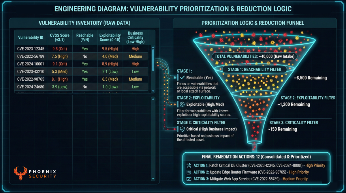 Risk-based vulnerability prioritization diagram reducing thousands of findings into a small set of remediation actions