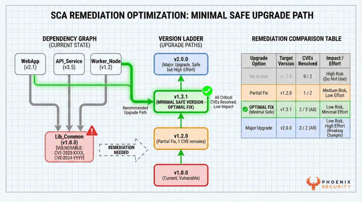 Software composition analysis diagram showing minimal library upgrade that resolves the maximum number of vulnerabilities