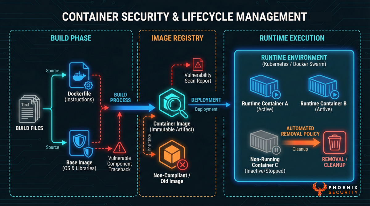 Container vulnerability remediation diagram tracing fixes from runtime containers back to Dockerfiles and base images