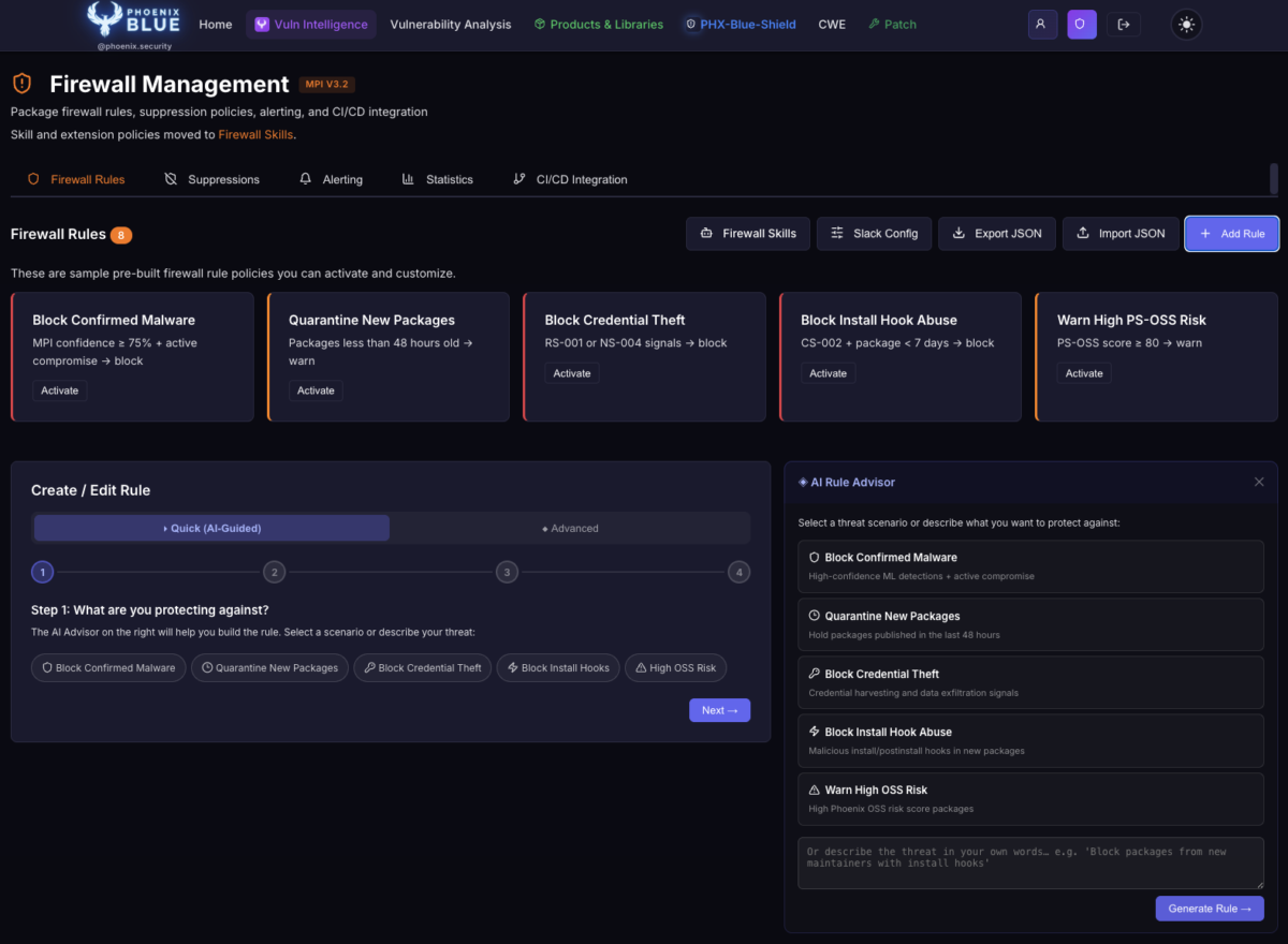 Block Credential Theft", "Block Install Hook Abuse", "Quarantine New Packages" — это визуальное подтверждение того, что Blue Shield делает поведенчески. AI Rule Advisor справа усиливает месседж про "human stays in control