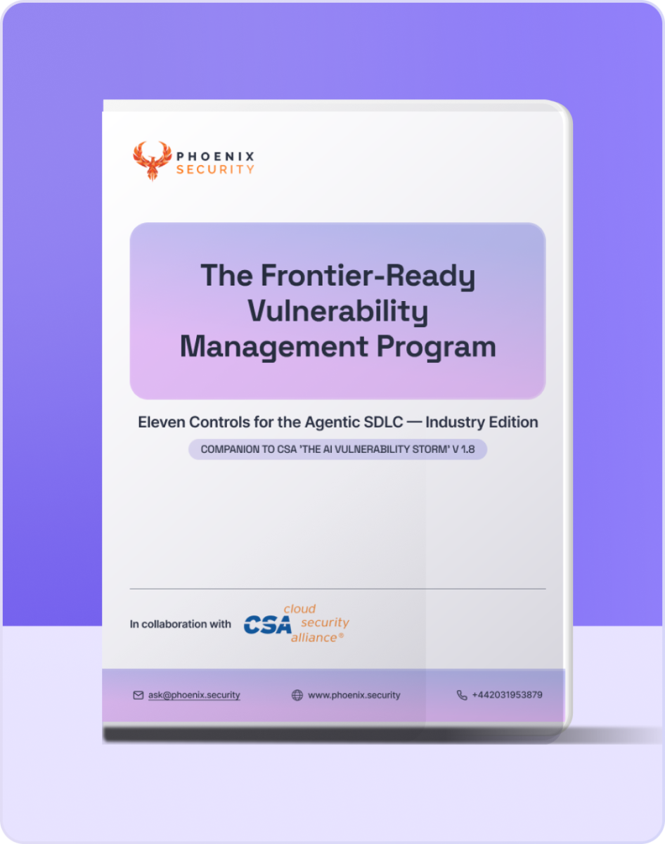 Book cover for "The Frontier-Ready Vulnerability Management Program" — a joint Phoenix Security and Cloud Security Alliance playbook covering eleven controls for agentic SDLC security.