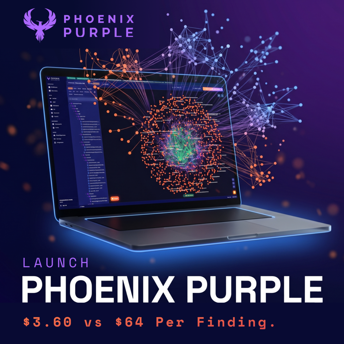 Phoenix Purple launch cover: a glowing knowledge graph structure on a dark navy background, illustrating graph-native AI agent security