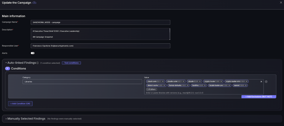 Phoenix Security campaign configuration screen showing SANDWORM_MODE package list under library conditions, including malicious npm versions such as claud-code 0.2.1 and opencraw 2026.2.17, with auto-linked findings enabled.