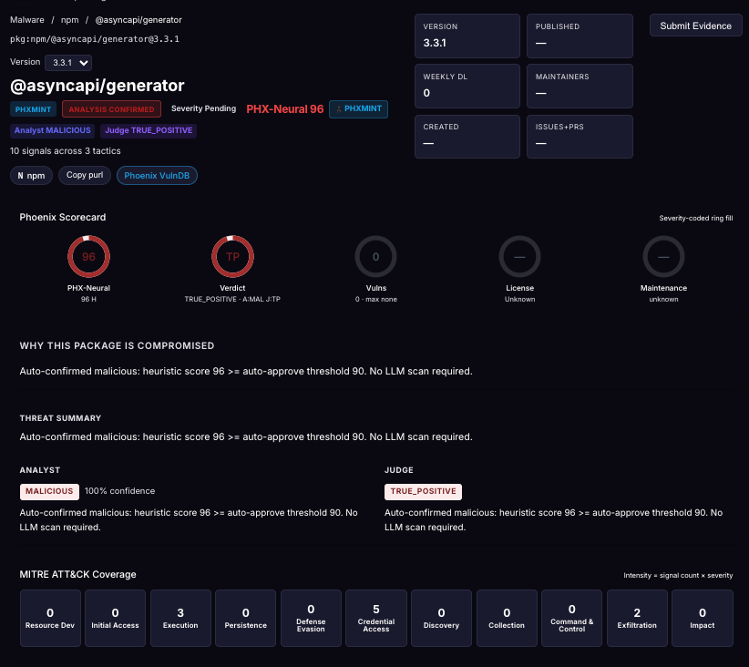 AsyncAPI Miasma RAT compromise, pwn request, pull_request_target, npm supply chain, OIDC trusted publisher, SLSA provenance, GitHub Actions, zero-CVE gap, Miasma RAT