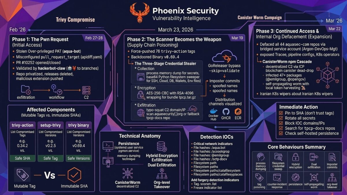 trivy supply chain attack, Stages of triy attack, trivy compromise, TeamPCP, CI/CD supply chain security, GitHub Actions compromise, credential stealer, aquasecurity trivy-action, CanisterWorm, aqua security breach, devsecops, ASPM, vulnerability management, application security, exposure management, reachability analysis, attack surface management, supply chain security, SHA pinning, container security, Phoenix Security, Supply chain attacks