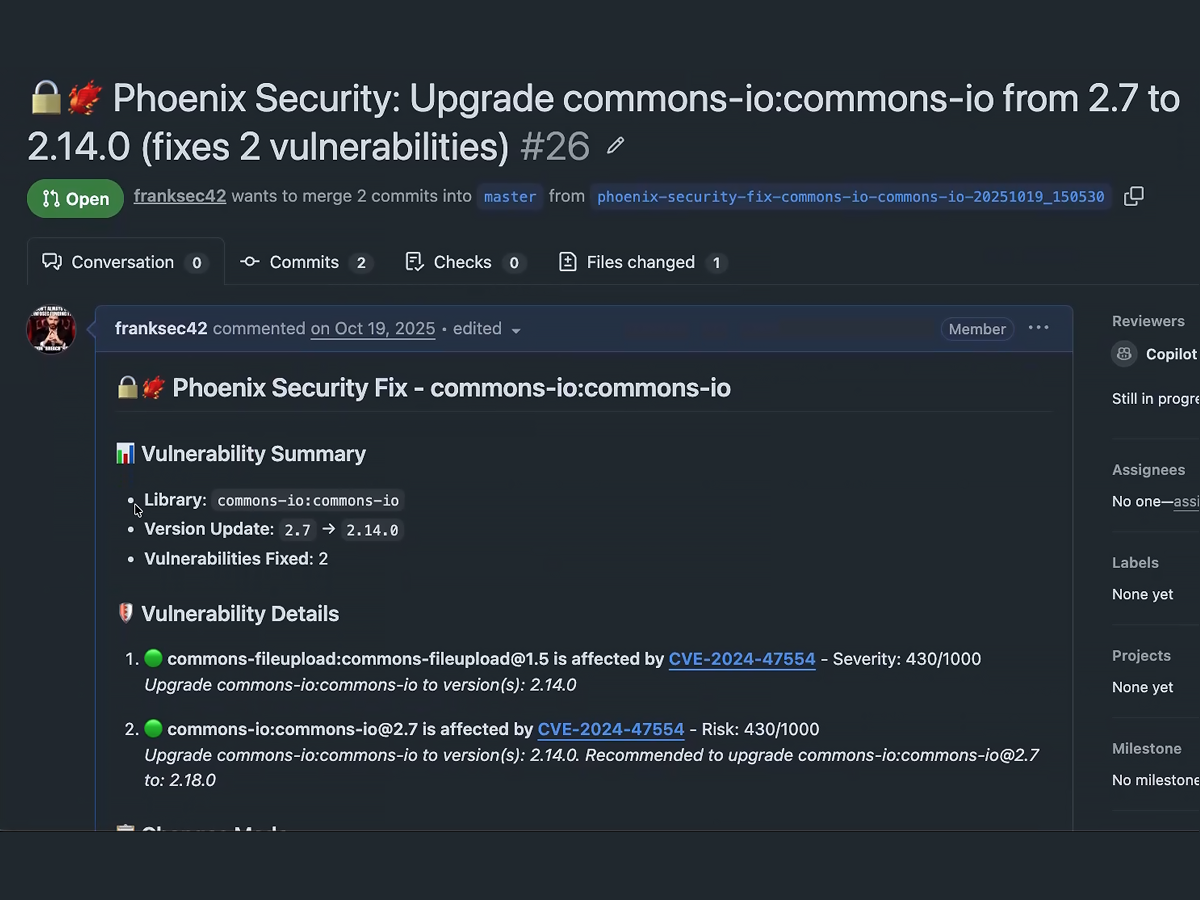 Phoenix Autofix pull request opened screenshot