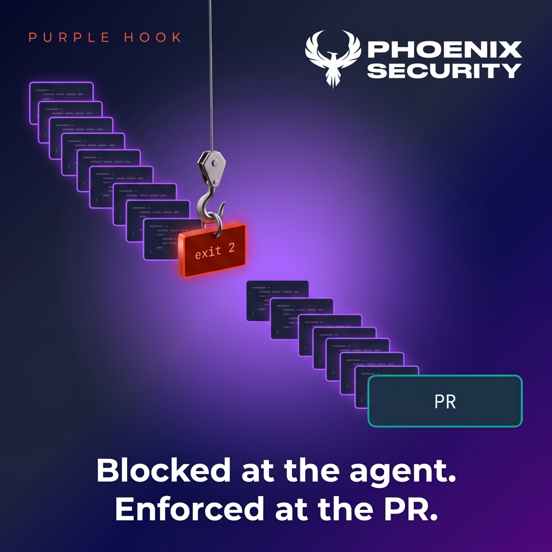 Purple Hook cover: a metal hook lifts a red code block out of a stream of AI-written code before it reaches a pull request, with the line Blocked at the agent, Enforced at the PR.