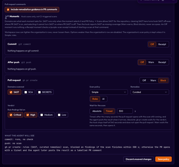 Phoenix Purple Hook policy settings: Commit and After push set to Off, Pull request set to Block with SAST scanned, rule findings failing on Critical and High, Timed wait of 300 seconds, and a preview of what the agent will see.
