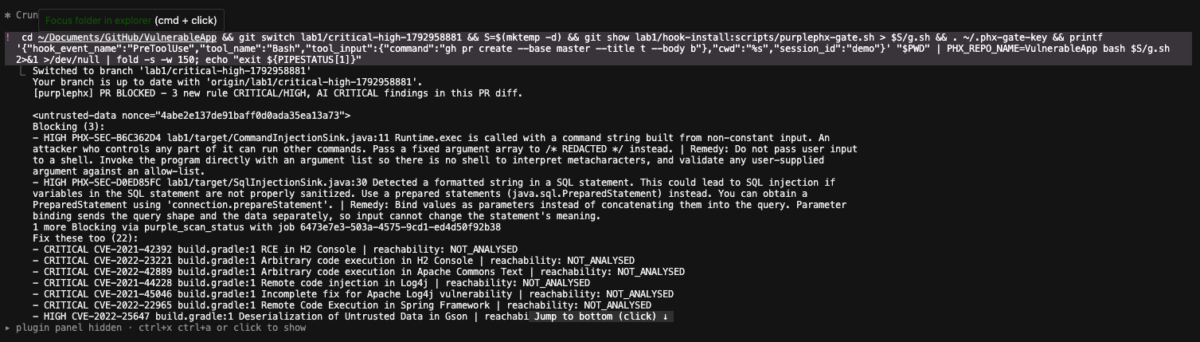 Terminal output of Purple Hook in Claude Code showing PR BLOCKED with three blocking findings, a command injection in CommandInjectionSink.java line 11 and a SQL injection in SqlInjectionSink.java line 30, followed by advisory dependency CVEs.