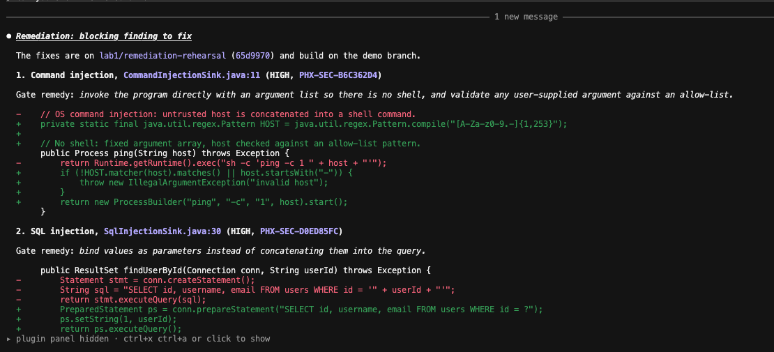 Code diff applied by the agent after the Purple Hook block: the shell command replaced with ProcessBuilder and an allow-list check, and string-built SQL replaced with a PreparedStatement.