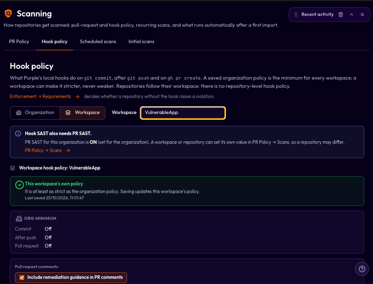 Purple Hook terminal output showing the server policy, block on rule CRITICAL/HIGH and AI CRITICAL, the scan job ID, the waiver request command for a false positive and exit 2.