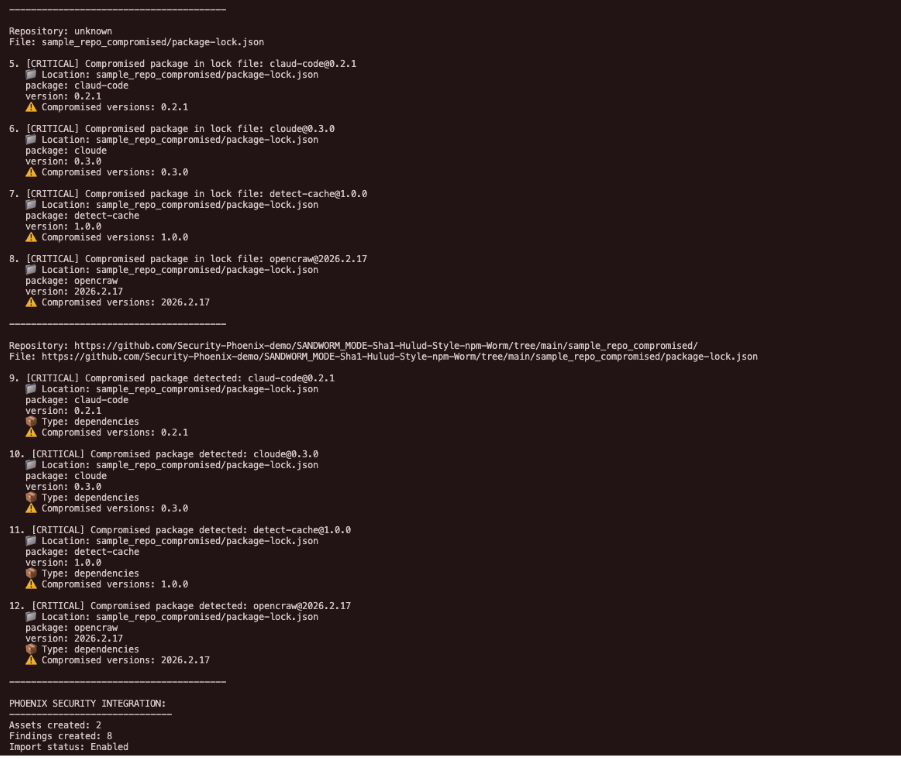 Scanner output identifying critical compromised npm packages in package-lock.json, including claud-code 0.2.1, cloude 0.3.0, detect-cache 1.0.0, and opencraw 2026.2.17.