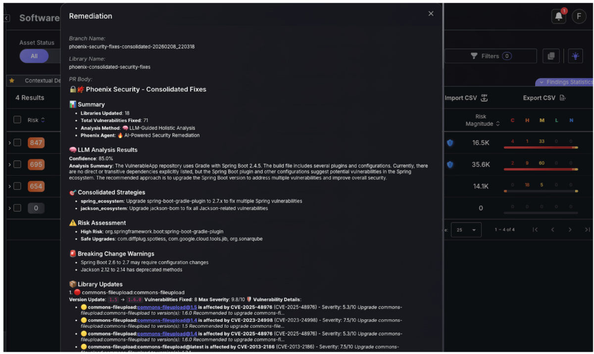 Phoenix Security remediation dashboard showing consolidated vulnerability fixes, dependency analysis, and upgrade recommendations