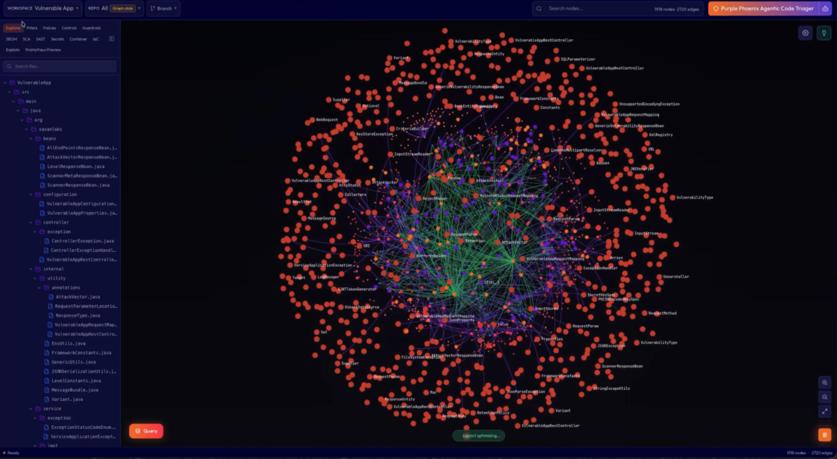 Screenshot of Phoenix Purple Platform showing a live security knowledge graph
